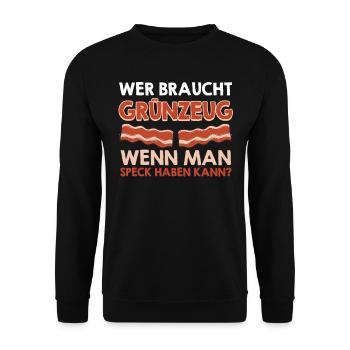 Fleischliebhaber WER BRAUCHT GRÜNZEUG SPECK - Unisex Pullover - Schwarz - Vorne - Alina (178cm) & Michal (187cm)
