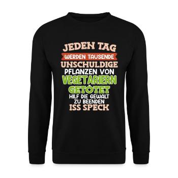 Anti Vegan TAUSENDE UNSCHULDIGE PFLANZEN GETÖTET - Unisex Pullover - Schwarz - Vorne - Alina (178cm) & Michal (187cm)