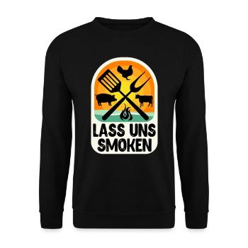 Grillmeister LASS UNS SMOKEN Fleischliebhaber - Unisex Pullover - Schwarz - Vorne - Alina (178cm) & Michal (187cm)