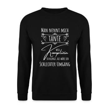 Tante oder Komplizin - Geschenk für coole Tanten - Unisex Pullover - Schwarz - Vorne - Alina (178cm) & Michal (187cm)