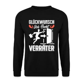 Glückwunsch zur Flucht VERRÄTER Abschied - Unisex Pullover - Schwarz - Vorne - Alina (178cm) & Michal (187cm)