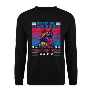 Deutscher Schäferhund WARNUNG DER HUND IST HARMLOS - Unisex Pullover - Schwarz - Vorne - Alina (178cm) & Michal (187cm)