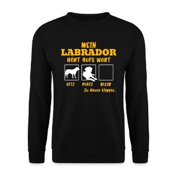 Labrador Besitzer MEIN LABRADOR HÖRT AUFS WORT - Unisex Pullover - Schwarz - Vorne - Alina (178cm) & Michal (187cm)