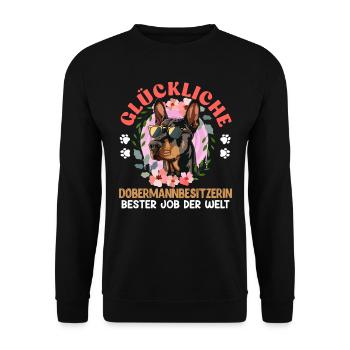 Doberman Hund GLÜCKLICHE DOBERMANN BESITZERIN - Unisex Pullover - Schwarz - Vorne - Alina (178cm) & Michal (187cm)