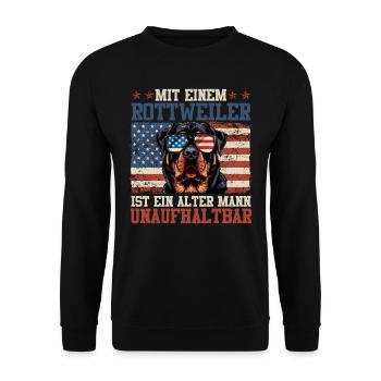 Rottie MIT EINEM ROTTWEILER IST EIN ALTER MANN - Unisex Pullover - Schwarz - Vorne - Alina (178cm) & Michal (187cm)