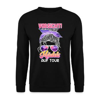 Frühlingsurlaub VORSICHT Mädels auf Tour Urlaub - Unisex Pullover - Schwarz - Vorne - Alina (178cm) & Michal (187cm)