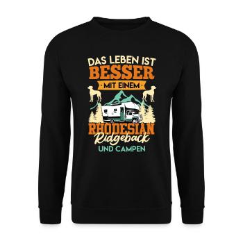 Camper LEBEN IST BESSER MIT EINEM RHODESIAN - Unisex Pullover - Schwarz - Vorne - Alina (178cm) & Michal (187cm)