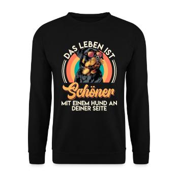Rottweiler LEBEN IST SCHÖNER MIT HUND AN SEITE - Unisex Pullover - Schwarz - Vorne - Alina (178cm) & Michal (187cm)