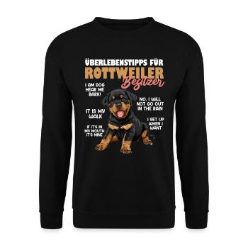 Rottie Besitzer ÜBERLEBENSTIPPS FÜR ROTTWEILER - Unisex Pullover - Schwarz - Vorne - Alina (178cm) & Michal (187cm)
