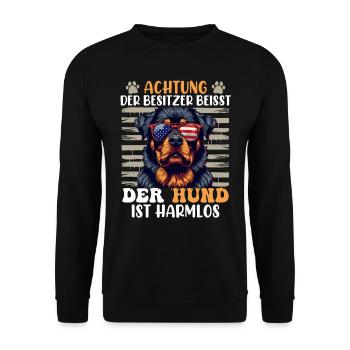 Rottweiler ACHTUNG DER BESITZER BEISST Rottie - Unisex Pullover - Schwarz - Vorne - Alina (178cm) & Michal (187cm)