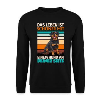 Rottie DAS LEBEN IST SCHÖNER MIT EINEM HUND - Unisex Pullover - Schwarz - Vorne - Alina (178cm) & Michal (187cm)