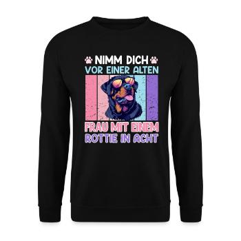 Rottie NIMM DICH VOR ALTER FRAU MIT ROTTIE IN ACHT - Unisex Pullover - Schwarz - Vorne - Alina (178cm) & Michal (187cm)