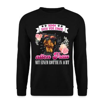 Rottie NIMM DICH VOR ALTER FRAU MIT ROTTIE IN ACHT - Unisex Pullover - Schwarz - Vorne - Alina (178cm) & Michal (187cm)