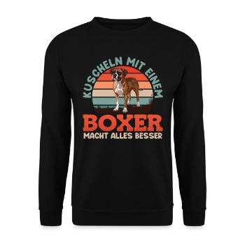 Deutscher Boxer KUSCHELN MIT EINEM BOXER BESSER - Unisex Pullover - Schwarz - Vorne - Alina (178cm) & Michal (187cm)