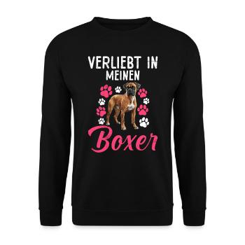 Deutsche Boxer VERLIEBT IN MEINEN BOXER Besitzerin - Unisex Pullover - Schwarz - Vorne - Alina (178cm) & Michal (187cm)
