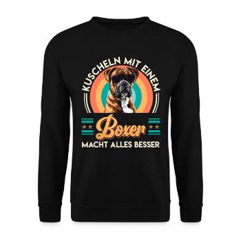 Deutscher Boxer KUSCHELN MIT EINEM BOXER BESSER - Unisex Pullover - Schwarz - Vorne - Alina (178cm) & Michal (187cm)