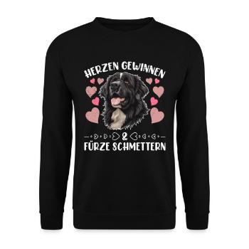 Neufundländer HERZEN GEWINNEN FÜRZE SCHMETTERN - Unisex Pullover - Schwarz - Vorne - Alina (178cm) & Michal (187cm)
