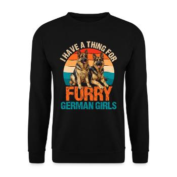 Deutscher Schäferhund I HAVE A THING FOR HAIRY - Unisex Pullover - Schwarz - Vorne - Alina (178cm) & Michal (187cm)
