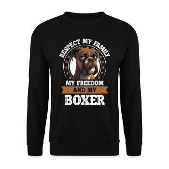 Boxer Besitzer RESPECT MY FAMILY MY FREEDOM MY - Unisex Pullover - Schwarz - Vorne - Alina (178cm) & Michal (187cm)