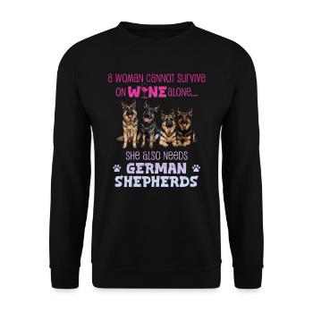 German Shepherd WOMAN CANNOT SURVIVE ON WINE - Unisex Sweatshirt - black - Front - Alina (178cm) & Michal (187cm)
