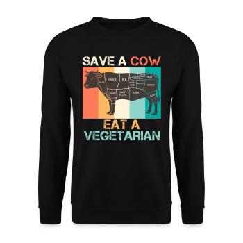Meat Fan SAVE A COW EAT A VEGAN - Unisex Sweatshirt - black - Front - Alina (178cm) & Michal (187cm)