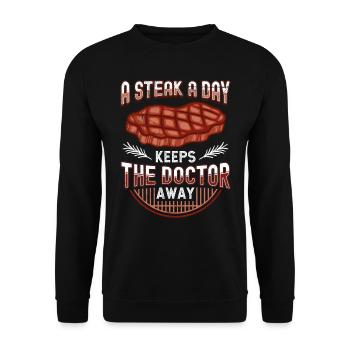 Drôle d’anti-végétalien Un steak par jour éloigne Doc - Sweat-shirt Unisexe - noir - Devant - Alina (178cm) & Michal (187cm)