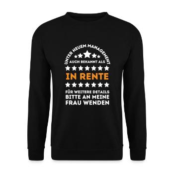 Unter neuem Management – Lustiges Rentner-Design - Unisex Pullover - Schwarz - Vorne - Alina (178cm) & Michal (187cm)