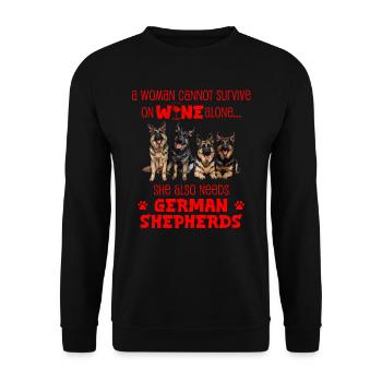 German Shepherd WOMAN CANNOT SURVIVE ON WINE - Unisex Sweatshirt - black - Front - Alina (178cm) & Michal (187cm)