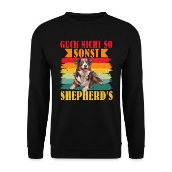 Australian Shepherd GUCK NICHT SO SONST SHEPHERD'S - Unisex Pullover - Schwarz - Vorne - Alina (178cm) & Michal (187cm)