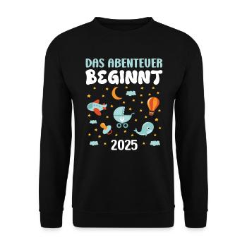 Werdende Mama DAS ABENTEUER BEGINNT 2025 ZUKÜNFTIG - Unisex Pullover - Schwarz - Vorne - Alina (178cm) & Michal (187cm)