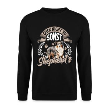 Australian Shepherd GUCK NICHT SO SONST SHEPHERD'S - Unisex Pullover - Schwarz - Vorne - Alina (178cm) & Michal (187cm)
