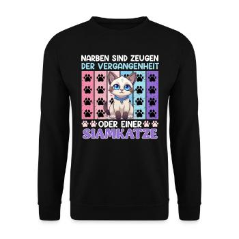Siamkatze NARBEN SIND ZEUGEN DER VERGANGENHEIT - Unisex Pullover - Schwarz - Vorne - Alina (178cm) & Michal (187cm)