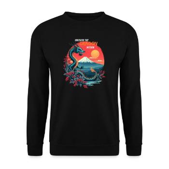 Japanischer Drache am Mount Fuji mit Kirschblüten - Unisex Pullover - Schwarz - Vorne - Alina (178cm) & Michal (187cm)