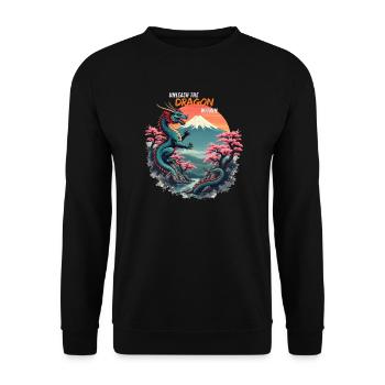 Japanischer Drache am Mount Fuji mit Kirschblüten - Unisex Pullover - Schwarz - Vorne - Alina (178cm) & Michal (187cm)