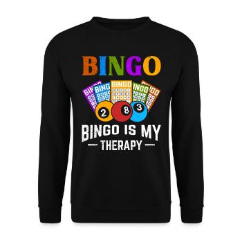 Bingospieler BINGO IS MY THERAPY Lustiges Bingo - Unisex Pullover - Schwarz - Vorne - Alina (178cm) & Michal (187cm)