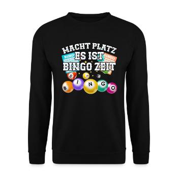 Bingospieler MACHT PLATZ ES IST BINGO ZEIT Lustig - Unisex Pullover - Schwarz - Vorne - Alina (178cm) & Michal (187cm)
