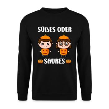 Halloween Kinderparty SÜßES ODER SAURES Lustiges - Unisex Pullover - Schwarz - Vorne - Alina (178cm) & Michal (187cm)