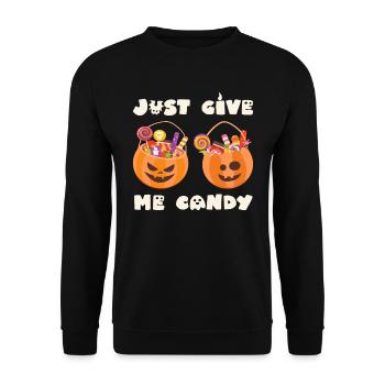 Halloween Kostüm JUST GIVE ME CANDY Halloween - Unisex Pullover - Schwarz - Vorne - Alina (178cm) & Michal (187cm)