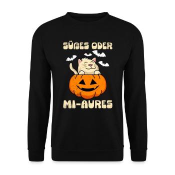 Halloween Kostüm Katzenfan SÜßES ODER MI-AURES - Unisex Pullover - Schwarz - Vorne - Alina (178cm) & Michal (187cm)