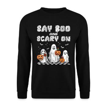 Halloween Party SAY BOO AND SCARY ON Lustiges - Unisex Sweatshirt - black - Front - Alina (178cm) & Michal (187cm)
