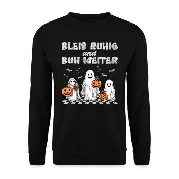 Halloween Kinder BLEIB RUHIG UND BUH WEITER - Unisex Pullover - Schwarz - Vorne - Alina (178cm) & Michal (187cm)