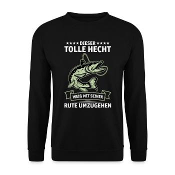 Angler DIESER TOLLE HECHT WEIß MIT SEINER RUTE - Unisex Pullover - Schwarz - Vorne - Alina (178cm) & Michal (187cm)