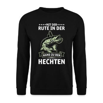 Hecht Angeln MIT DER RUTE IN DER HAND ZU DEN - Unisex Pullover - Schwarz - Vorne - Alina (178cm) & Michal (187cm)