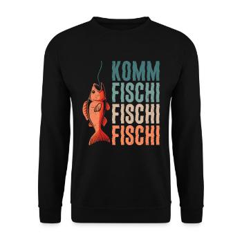 Angler KOMM FISCHI FISCHI FISCHI Lustiges Angeln - Unisex Pullover - Schwarz - Vorne - Alina (178cm) & Michal (187cm)
