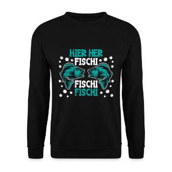 Angeln HIER HER FISCHI FISCHI FISCHI Lustiges - Unisex Pullover - Schwarz - Vorne - Alina (178cm) & Michal (187cm)