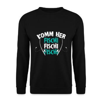 Angler KOMM HER FISCHI FISCHI FISCHI Lustiges - Unisex Pullover - Schwarz - Vorne - Alina (178cm) & Michal (187cm)