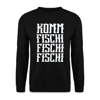 Angler KOMM FISCHI FISCHI FISCHI Lustiges Angeln - Unisex Pullover - Schwarz - Vorne - Alina (178cm) & Michal (187cm)