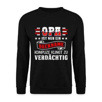 OPA IST EIN DECKNAME KOMPLIZE KLINGT VERDÄCHTIG - Unisex Pullover - Schwarz - Vorne - Alina (178cm) & Michal (187cm)