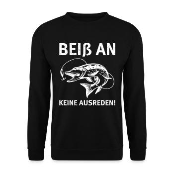 Hecht Angeln BEIß AN KEINE AUSREDEN Lustiges Hecht - Unisex Pullover - Schwarz - Vorne - Alina (178cm) & Michal (187cm)