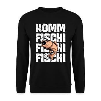 Angler KOMM FISCHI FISCHI FISCHI Lustiges Angeln - Unisex Pullover - Schwarz - Vorne - Alina (178cm) & Michal (187cm)